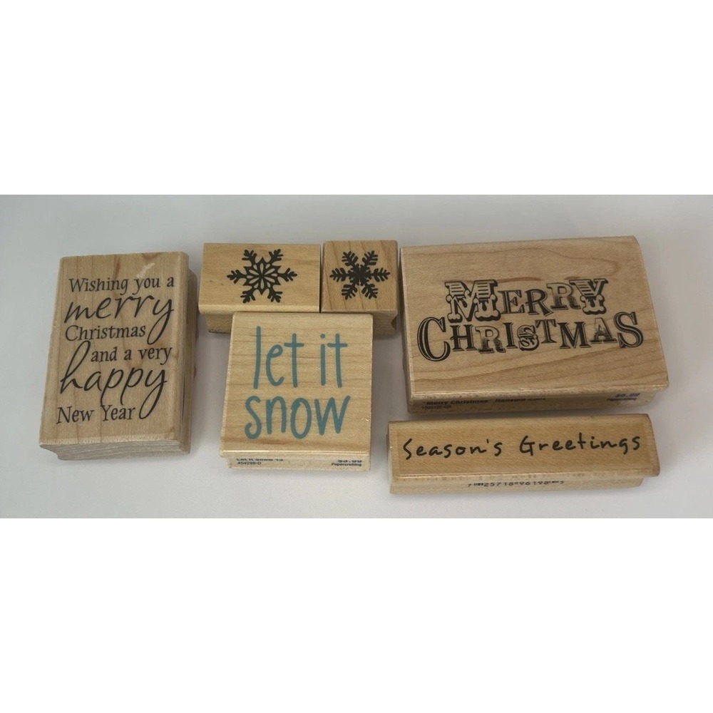 Wooden Rubber Stamps Lot 6 Christmas Holiday Snow Snowflake Merry Christmas Wood